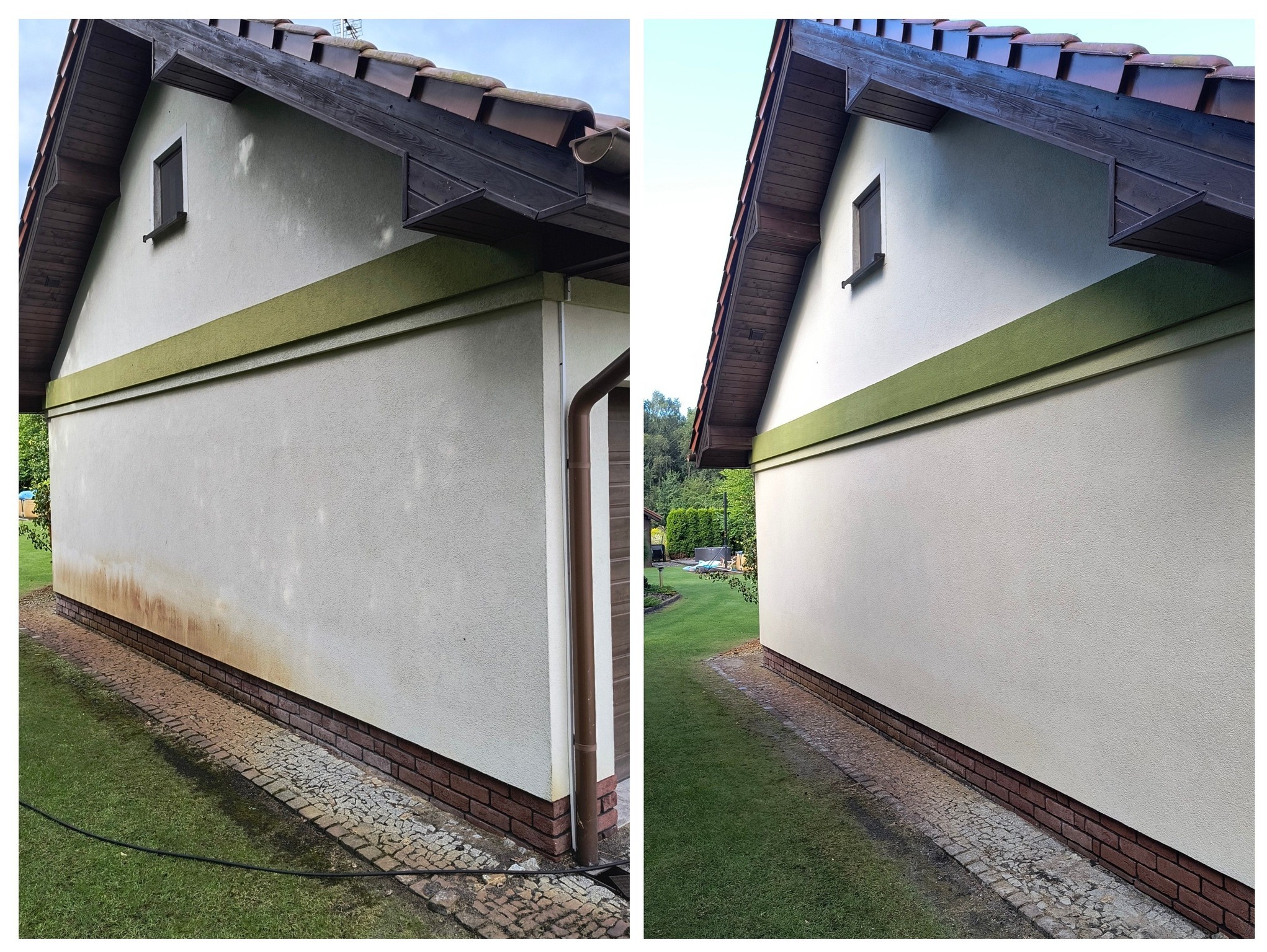 Porównanie elewacji budynku w Stargardzie przed i po myciu, ukazujące usunięcie zabrudzeń i odświeżenie koloru.