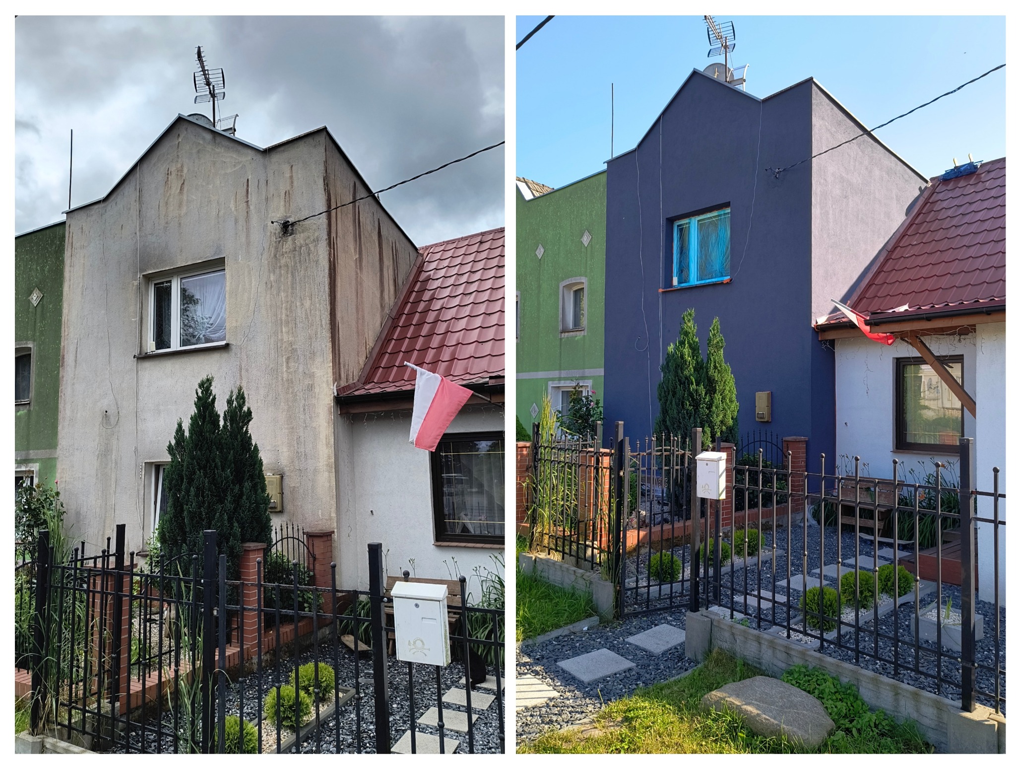 Zdjęcie 'przed i po' prezentujące efekt odnowionej elewacji domu jednorodzinnego z flagą Polski. Widoczne różnice w kolorystyce i czystości ścian.