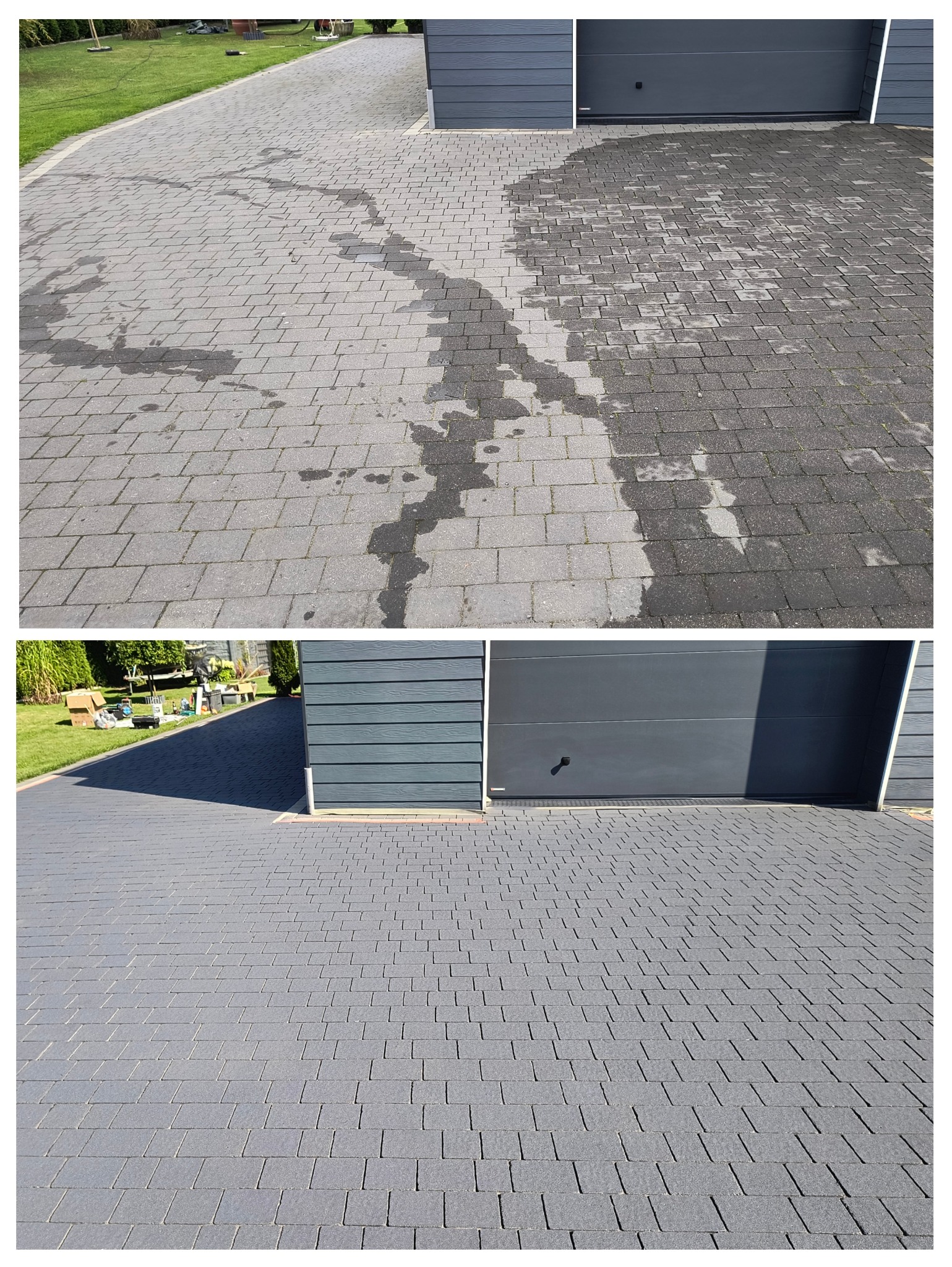 Zdjęcie 'przed i po' impregnacji kostki brukowej barwiącej, ukazujące różnicę w kolorze i czystości. Górna część kostki jest brudna, dolna po impregnacji ma jednolity, ciemniejszy odcień.