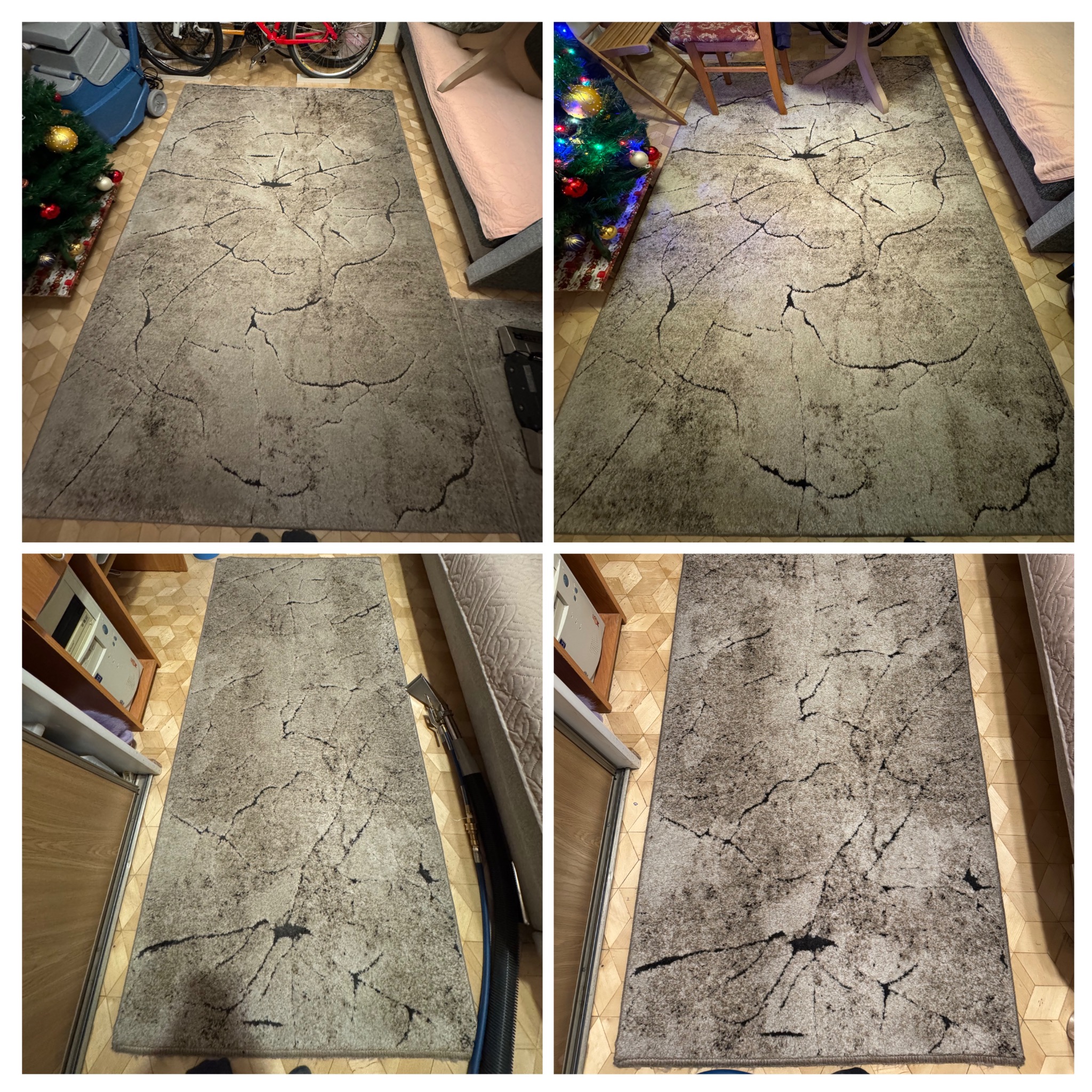 Cztery kadry szaro-beżowego dywanu z motywem spękań na podłodze z parkietu, w tle fragmenty mebli i sprzętu do czyszczenia dywanów.