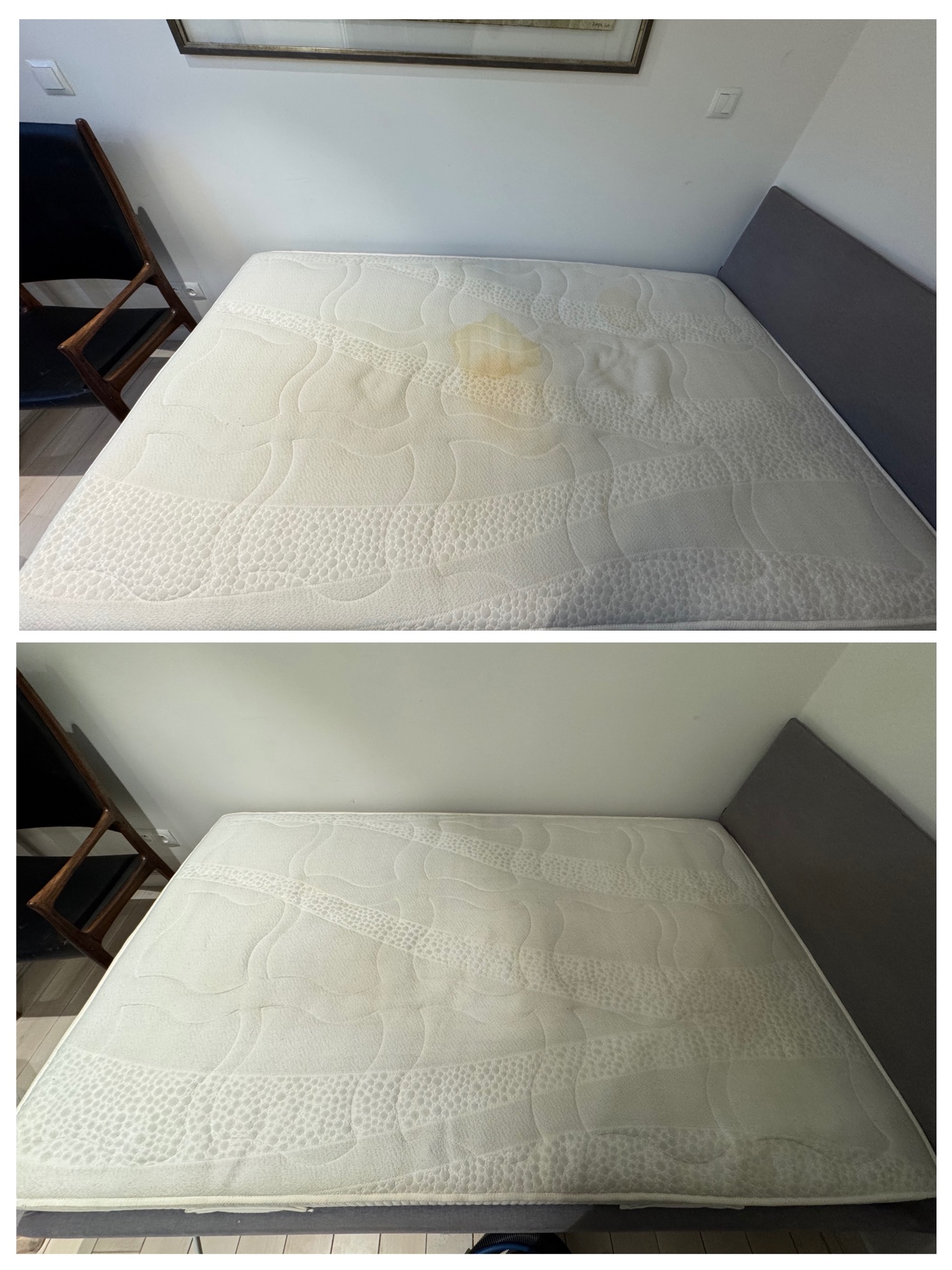 Materac z widoczną plamą przed i po czyszczeniu, ukazujący efekt usługi. Na górnym zdjęciu widoczna żółta plama, na dolnym materac czysty.