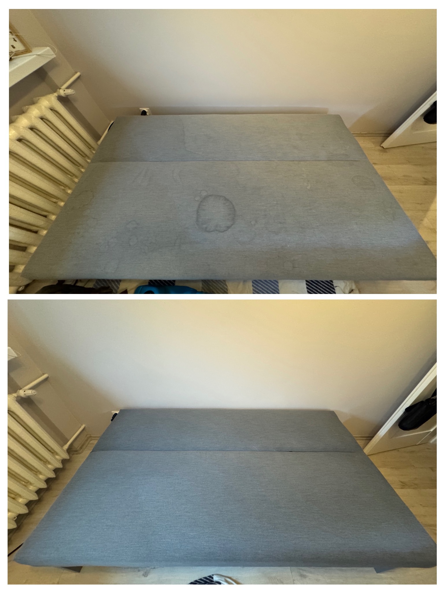 Dwuetapowe ujęcie materaca: widoczne plamy przed czyszczeniem i czysty, jednolity kolor po zabiegu, z grzejnikiem i drzwiami w tle.