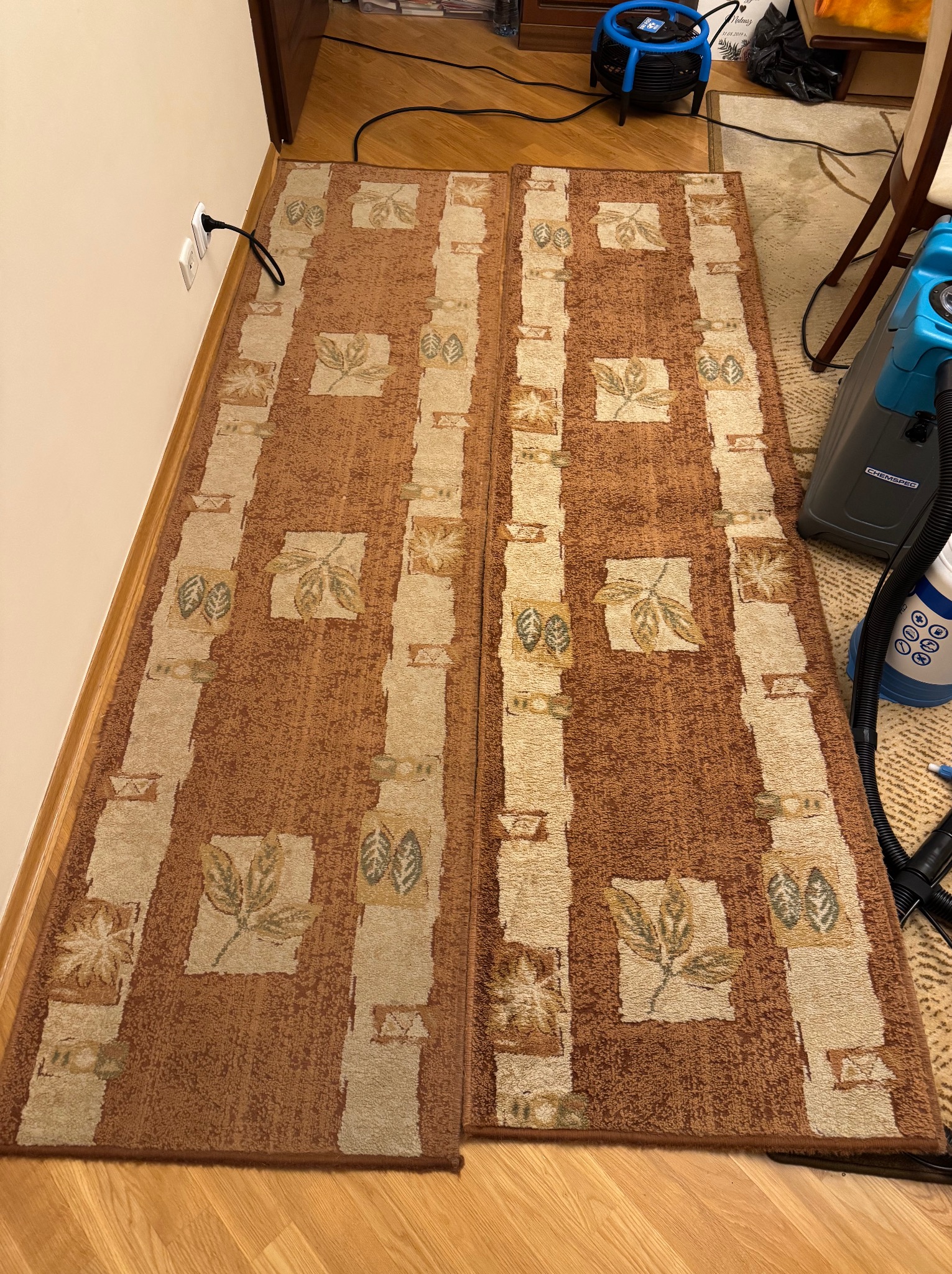 Dwa brązowe dywany z wzorem liści, ułożone obok siebie na drewnianej podłodze, z widocznym sprzętem do czyszczenia w tle.