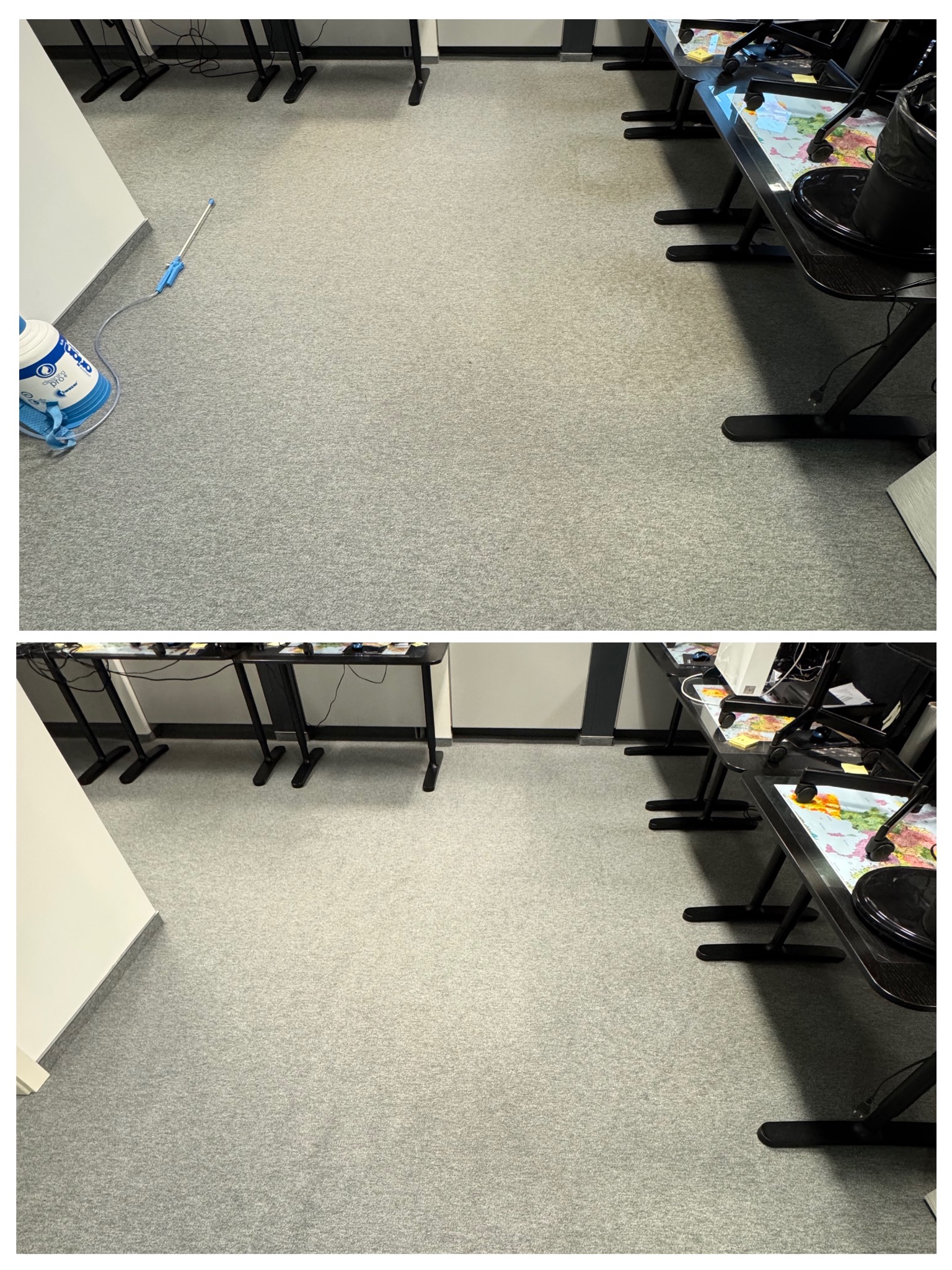 Porównanie stanu dywanu biurowego przed i po czyszczeniu, widoczny spryskiwacz ciśnieniowy w rogu pomieszczenia.