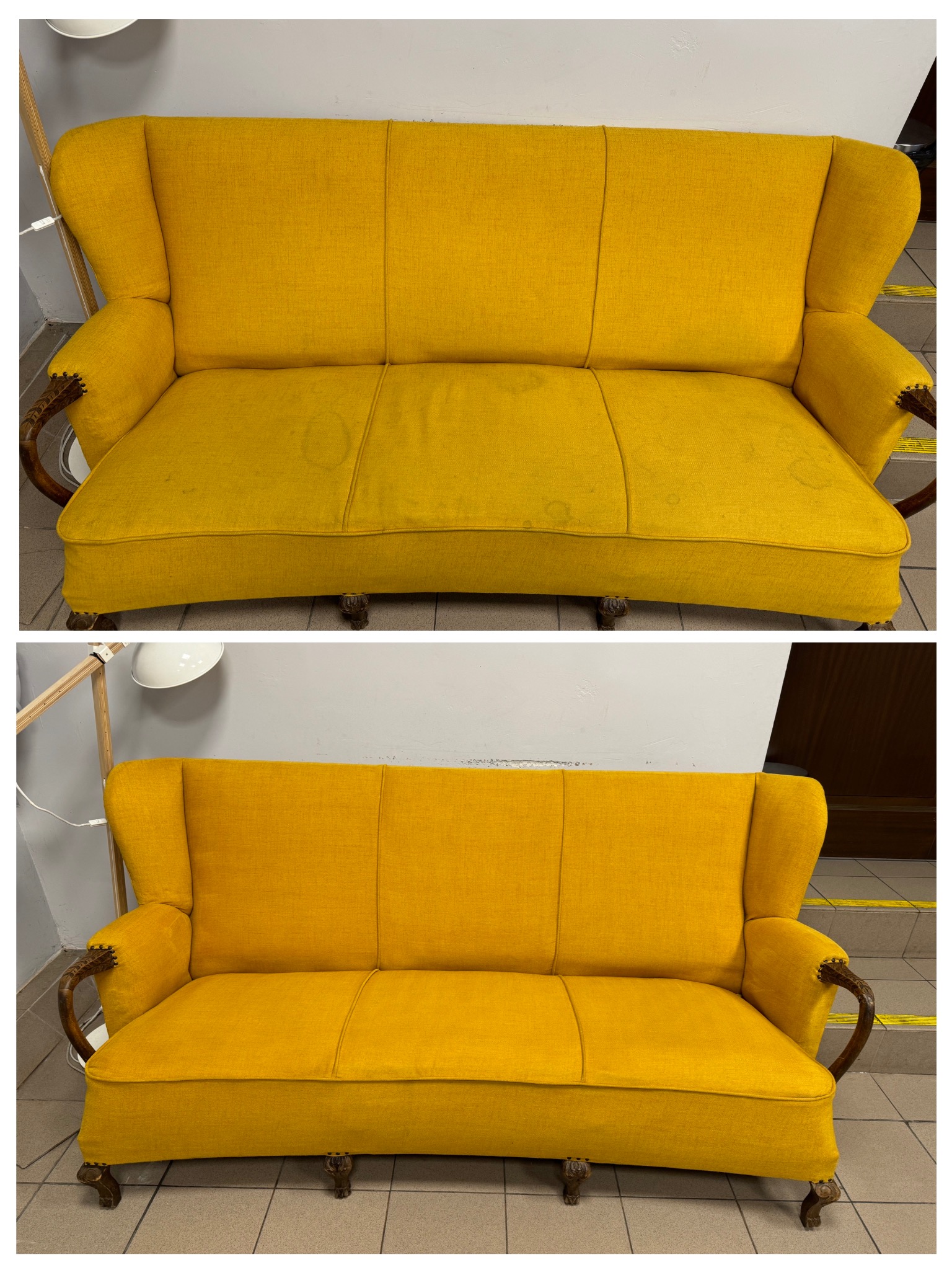 Żółta kanapa typu wingback: ujęcie przed i po czyszczeniu, widoczne plamy na górnym zdjęciu i ich brak na dolnym, drewniane nogi i zdobione podłokietniki.