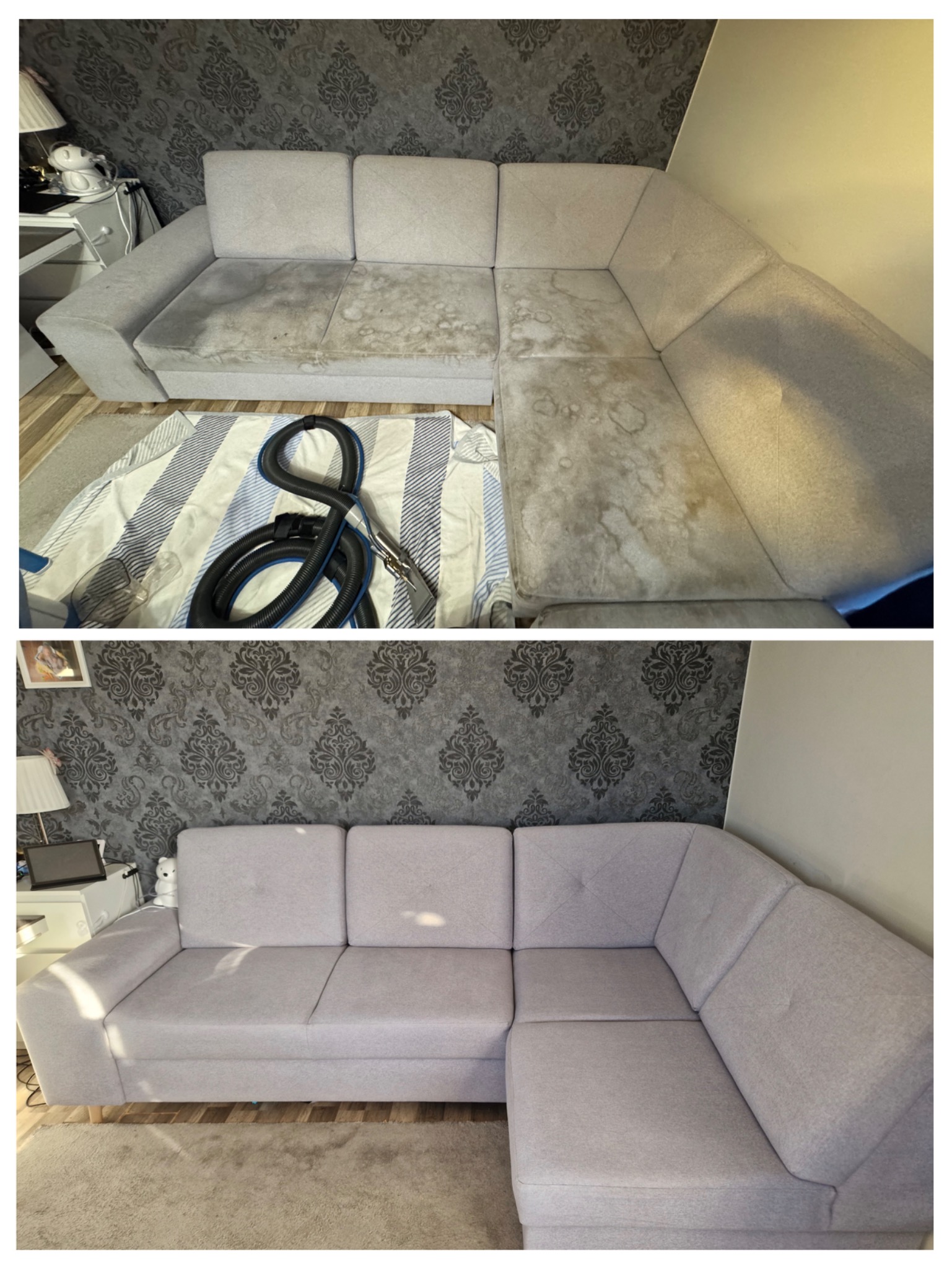 Narożnik przed i po praniu ekstrakcyjnym. Widoczne plamy na jasnej tapicerce przed czyszczeniem, a po - jednolity, czysty kolor. W tle wzorzysta tapeta.