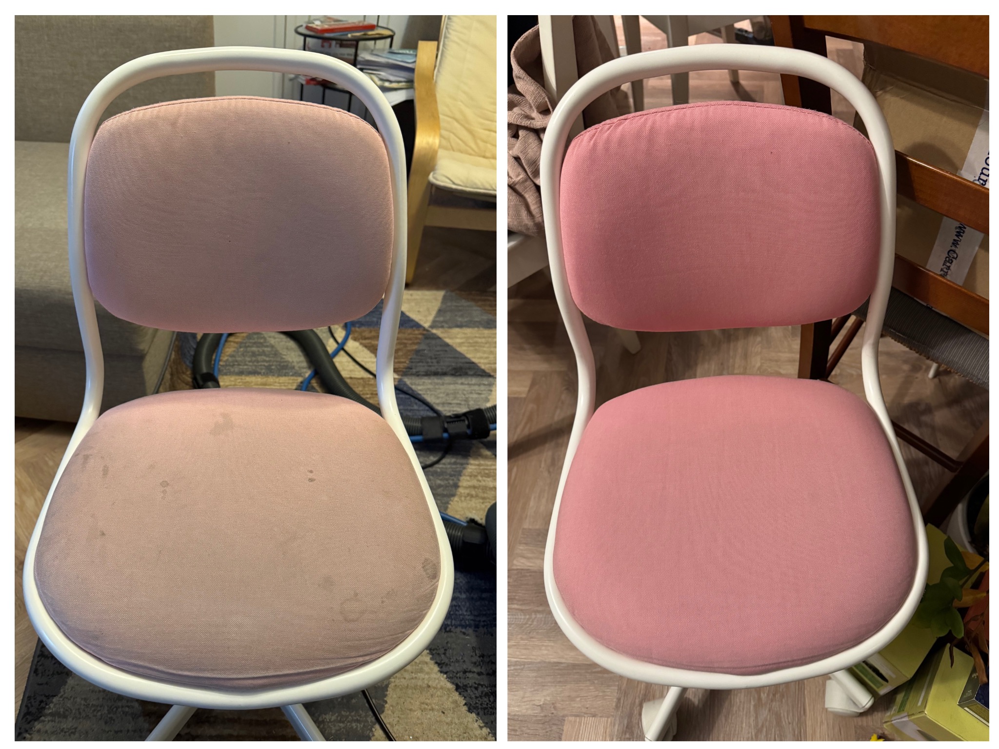 Pranie tapicerki krzesła biurowego w Warszawie. Porównanie 'przed i po': widoczne usunięte plamy i odświeżony kolor różowej tkaniny siedziska i oparcia.