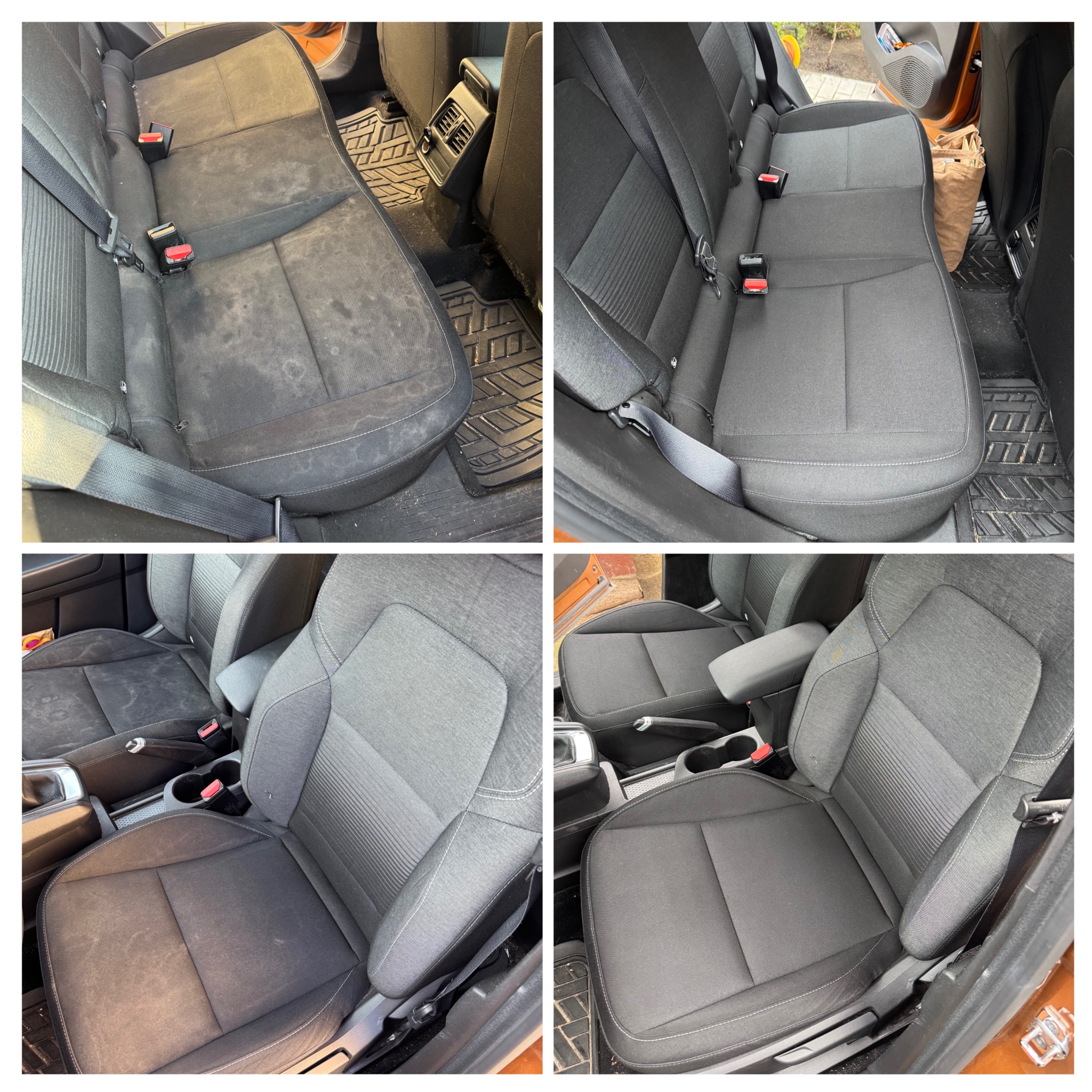 Czyszczenie tapicerki samochodowej: porównanie stanu przed i po. Widoczne plamy i zabrudzenia usunięte, tapicerka odzyskuje świeży wygląd.