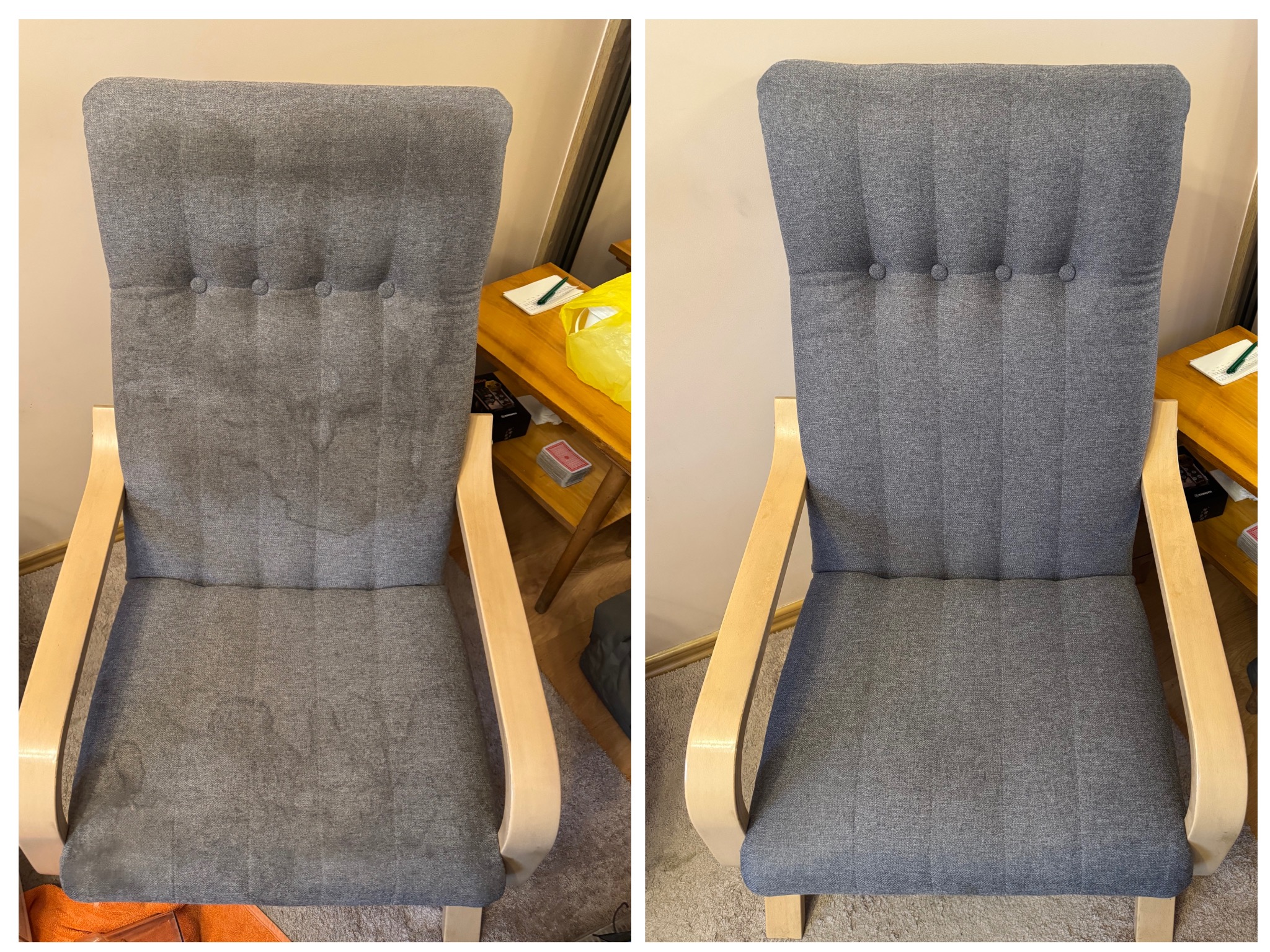 Krzesło tapicerowane przed i po czyszczeniu; widoczne plamy usunięte. Porównanie efektu usługi na szarym fotelu z drewnianymi podłokietnikami.