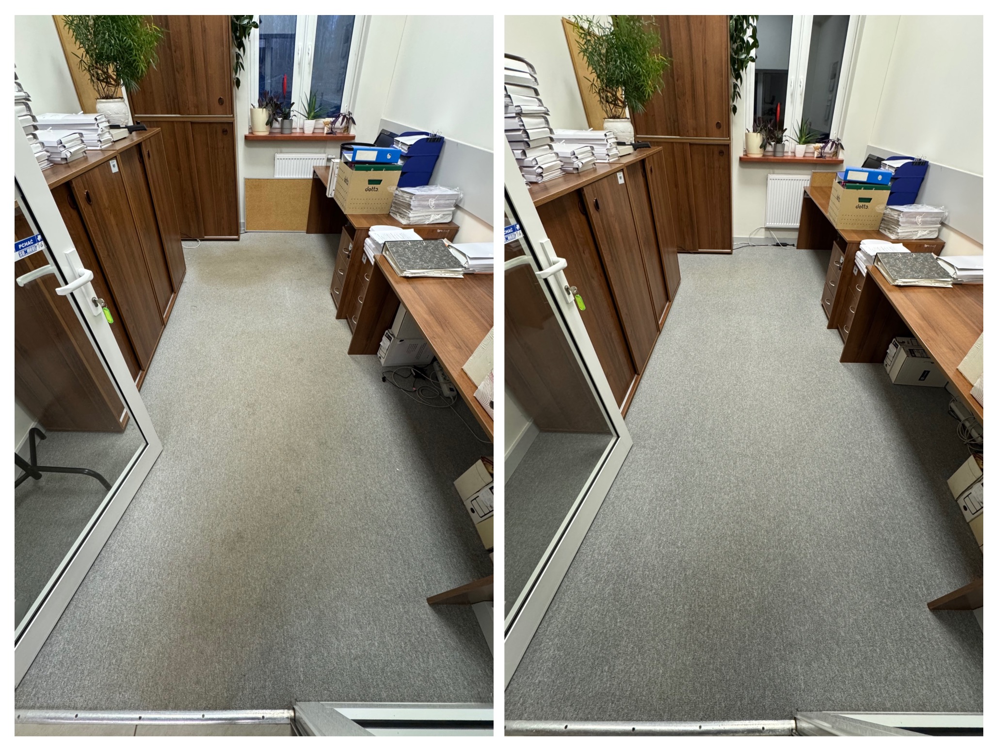 Porównanie dywanu biurowego przed i po czyszczeniu, ukazujące różnicę w odcieniu szarości i usunięcie zabrudzeń. Widoczne meble biurowe w tle.
