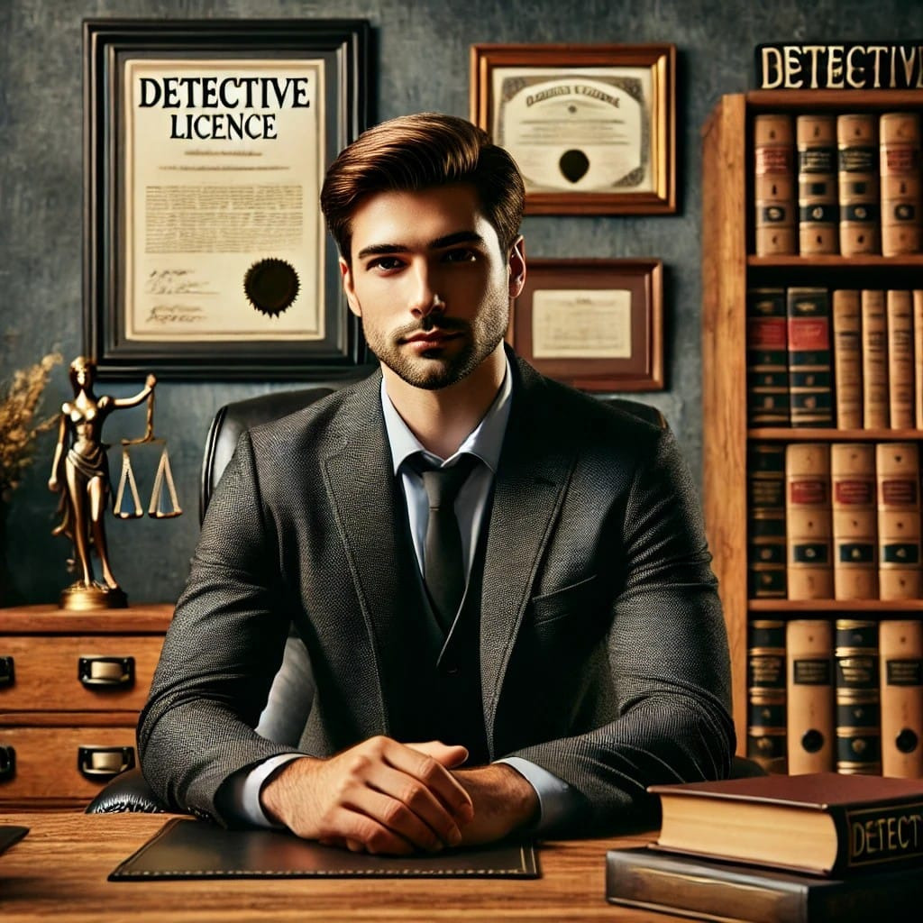 Mężczyzna w garniturze siedzi za biurkiem z książkami i licencją detektywa w tle, obok wagi sprawiedliwości.