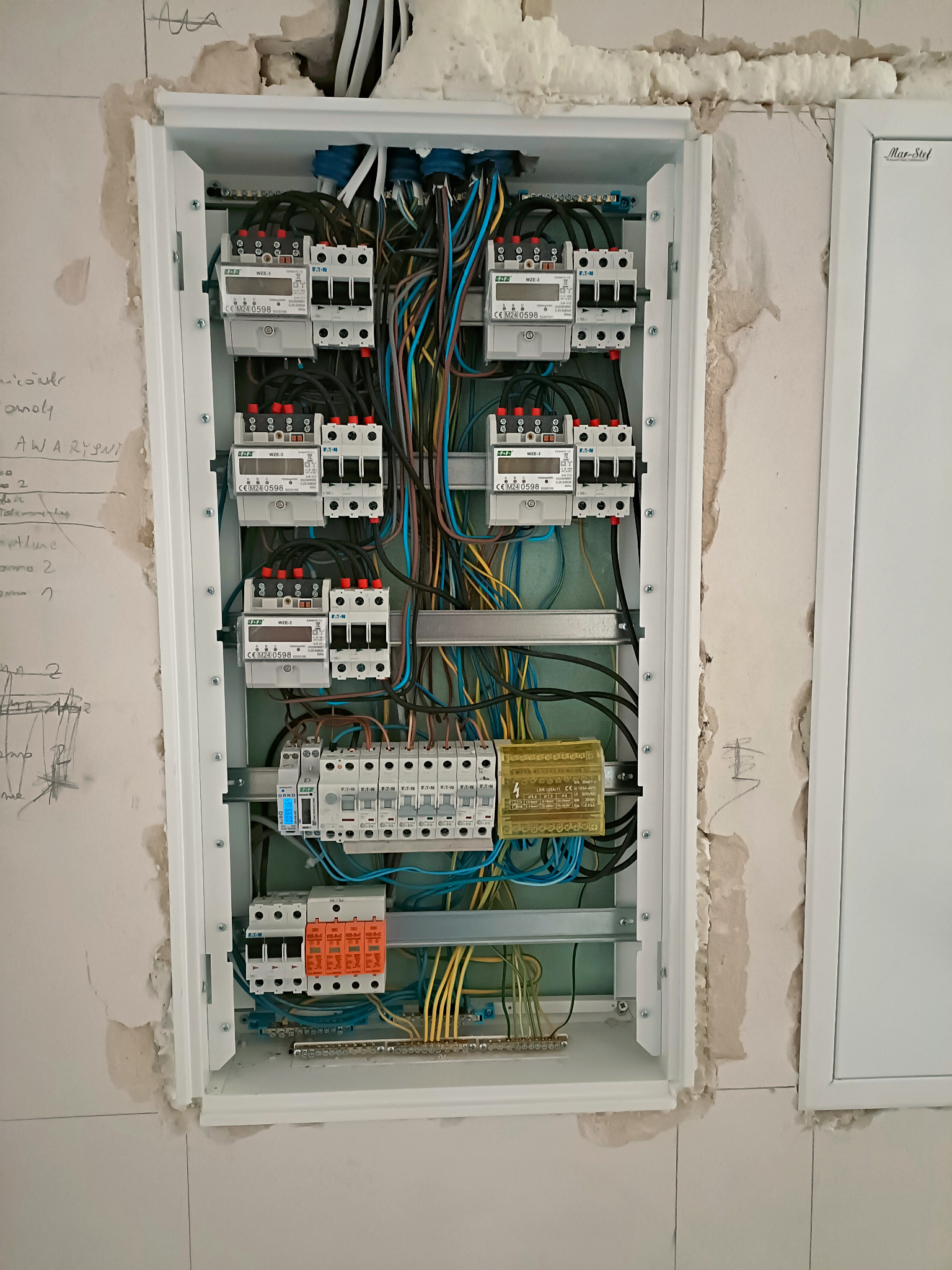 Rozdzielnica elektryczna w trakcie montażu, widoczne kable, bezpieczniki i liczniki. Ściana wokół w stanie surowym, z widocznymi śladami po instalacji.