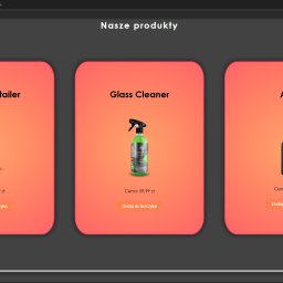 MDS SOFTWARE SOLUTIONS GROUP SPÓŁKA Z OGRANICZONĄ ODPOWIEDZIALNOŚCIĄ - Ekran strony internetowej z trzema produktami do czyszczenia samochodów: Quick Detailer, Glass Cleaner i APC, każdy z ceną i przyciskiem 'Dodaj do koszyka'.