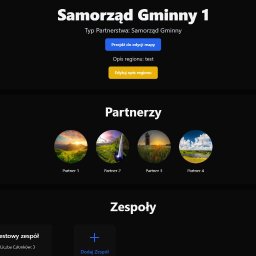 MDS SOFTWARE SOLUTIONS GROUP SPÓŁKA Z OGRANICZONĄ ODPOWIEDZIALNOŚCIĄ - Interfejs strony internetowej z sekcjami: Samorząd Gminny, Partnerzy (z krajobrazami w okrągłych miniaturach), Zespoły (z kartą zespołu i przyciskiem dodawania zespołu).