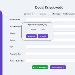 MDS SOFTWARE SOLUTIONS GROUP SPÓŁKA Z OGRANICZONĄ ODPOWIEDZIALNOŚCIĄ - Formularz dodawania księgowości w systemie CRM z polami do wprowadzania danych nabywcy, z aktywnym oknem wyboru rodzaju nabywcy: prywatny lub firmowy.