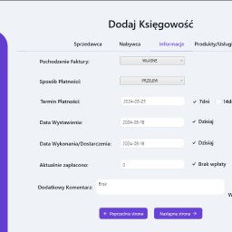 MDS SOFTWARE SOLUTIONS GROUP SPÓŁKA Z OGRANICZONĄ ODPOWIEDZIALNOŚCIĄ - Ekran interfejsu programu do zarządzania księgowością, z widocznym formularzem dodawania nowej pozycji, ustawieniami pochodzenia faktury, sposobu płatności, terminu płatności i dat wystawienia,...