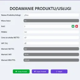 Formularz dodawania produktu lub usługi z polami nazwy, miary ilości, ilości, PKWIU, ceny netto, VAT oraz wartości netto, VAT i brutto. Prezentacja interfejsu systemu IT w Opolu.