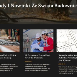 MDS SOFTWARE SOLUTIONS GROUP SPÓŁKA Z OGRANICZONĄ ODPOWIEDZIALNOŚCIĄ - Artykuł na blogu budowlanym: U góry zdjęcie szlifierki kątowej w akcji, iskry lecą. Poniżej trzy miniatury artykułów: wylewka betonowa, dwaj budowlańcy analizujący plan, oraz rzut architektoniczny.