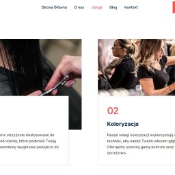 MDS SOFTWARE SOLUTIONS GROUP SPÓŁKA Z OGRANICZONĄ ODPOWIEDZIALNOŚCIĄ - Fragment strony internetowej salonu fryzjerskiego prezentujący usługę strzyżenia, z bliska ujęte dłonie fryzjera przycinające czarne, mokre włosy klienta.