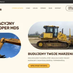Strona internetowa dewelopera MDS z grafiką: koparka Hyundai i spychacz Komatsu 61PX. Napis: Budujemy Twoje Marzenia. Przycisk: Sprawdź Ofertę.