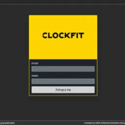Ekran logowania do aplikacji Clockfit w przeglądarce. Żółty panel z logo, pola na email i hasło oraz przycisk 'Zaloguj się'. Adres sf.clockfit.eu w pasku adresu.