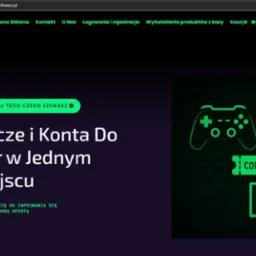 Strona sklepu online z kluczami i kontami do gier, z grafiką kontrolera, komputera i monitora. Oferta: klucze i konta do gier w jednym miejscu. Grafika w zielonej tonacji.