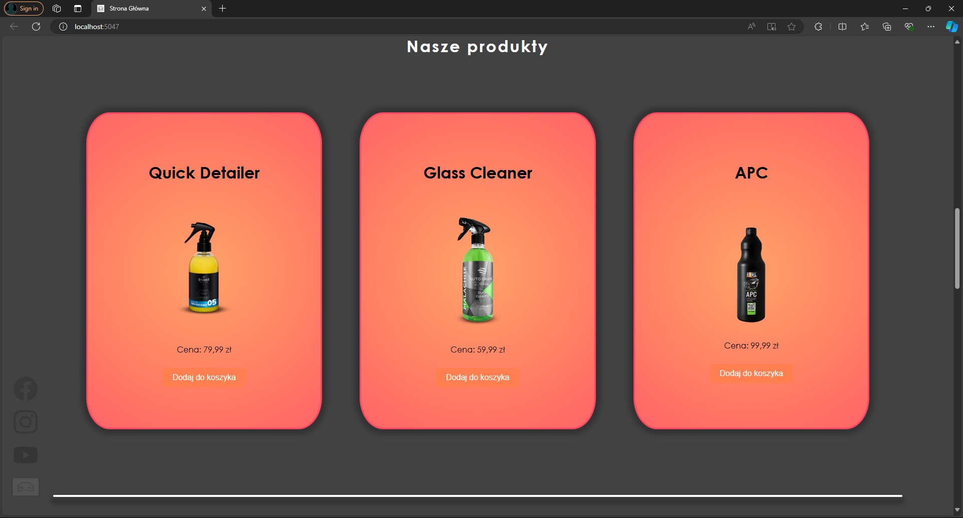 Ekran strony internetowej z trzema produktami do czyszczenia samochodów: Quick Detailer, Glass Cleaner i APC, każdy z ceną i przyciskiem 'Dodaj do koszyka'.