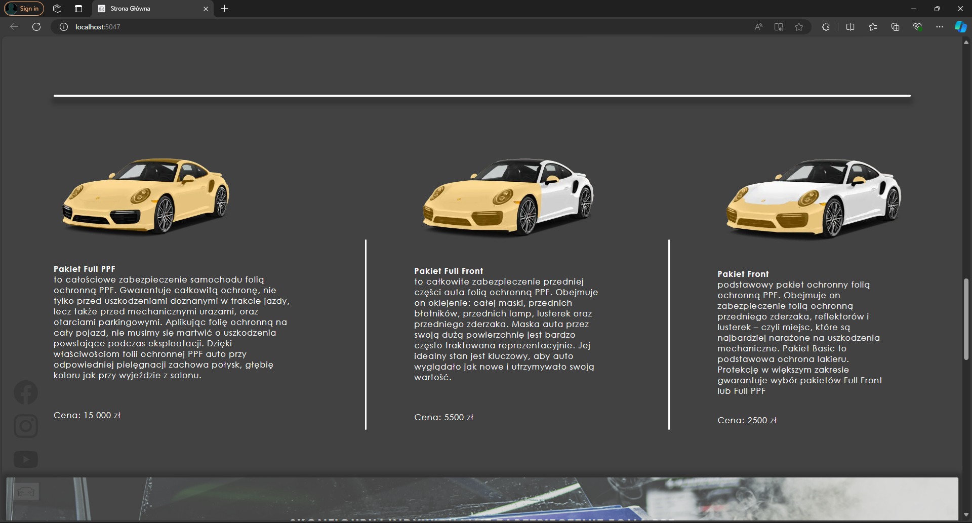 Porównanie trzech pakietów zabezpieczenia samochodu folią ochronną PPF: Full PPF, Full Front i Front, wizualizacja na modelu Porsche.
