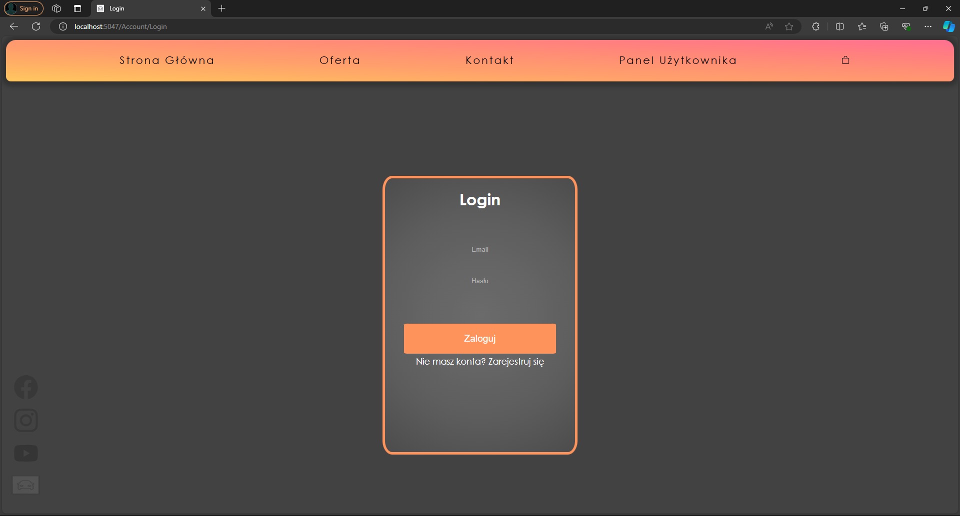 Ekran logowania do strony internetowej z polskim interfejsem, widoczne pola Email, Hasło i przycisk Zaloguj oraz link do rejestracji konta.