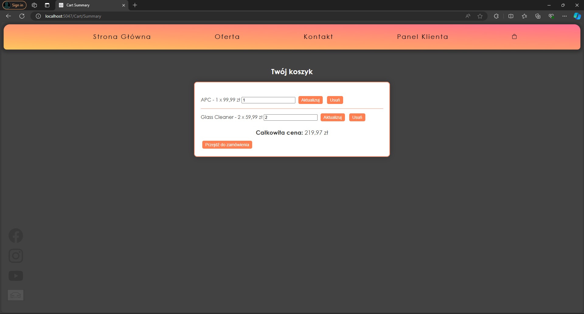 Widok koszyka w sklepie internetowym z podsumowaniem zamówienia, zawierający listę produktów (APC i Glass Cleaner), ich ilości, ceny jednostkowe i łączną kwotę do zapłaty (219,97 zł), z przyciskiem...