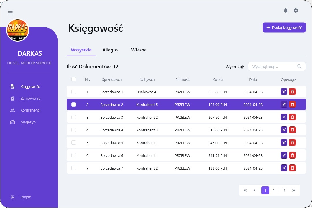 Interfejs panelu księgowości online z listą dokumentów, kolumnami sprzedawca, nabywca, płatność, kwota i data, z podświetlonym wierszem numer 2.