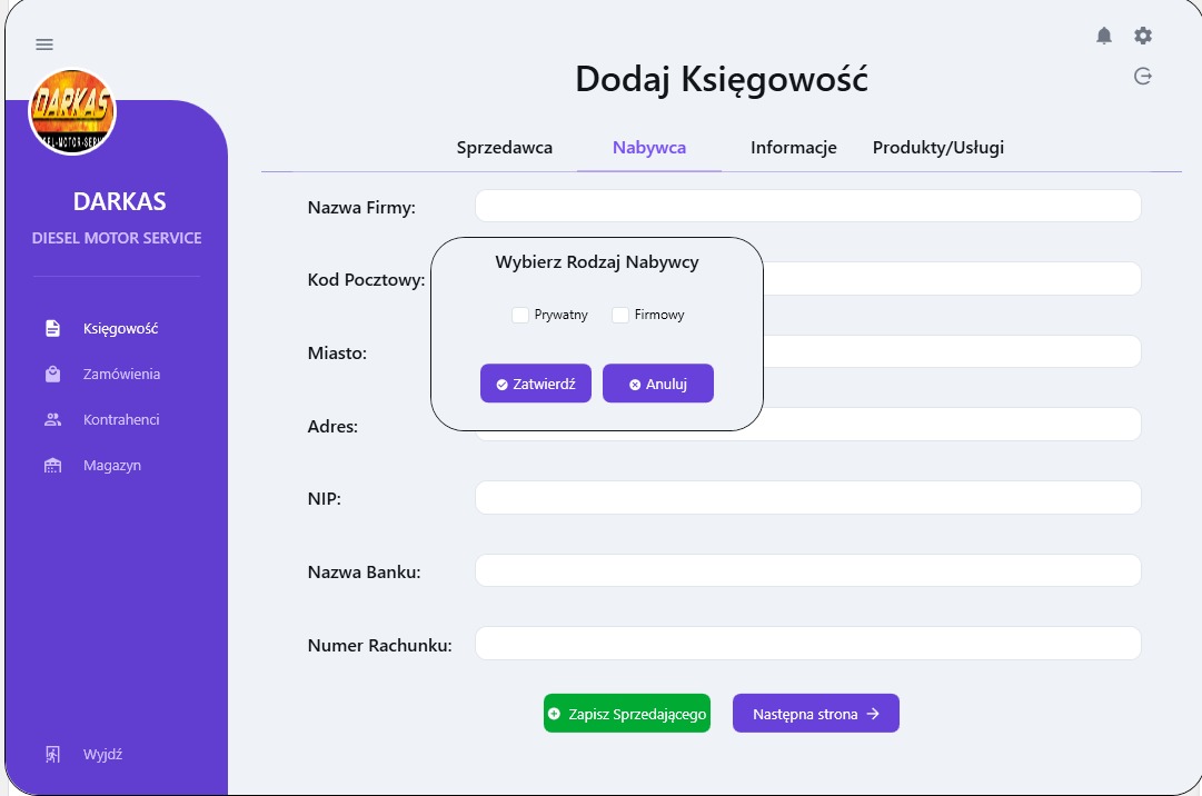 Formularz dodawania księgowości w systemie CRM z polami do wprowadzania danych nabywcy, z aktywnym oknem wyboru rodzaju nabywcy: prywatny lub firmowy.