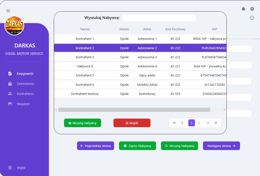 Ekran aplikacji z listą kontrahentów, widoczne kolumny: nazwa, miasto, adres, kod pocztowy, NIP, logo firmy DARKAS w lewym górnym rogu.