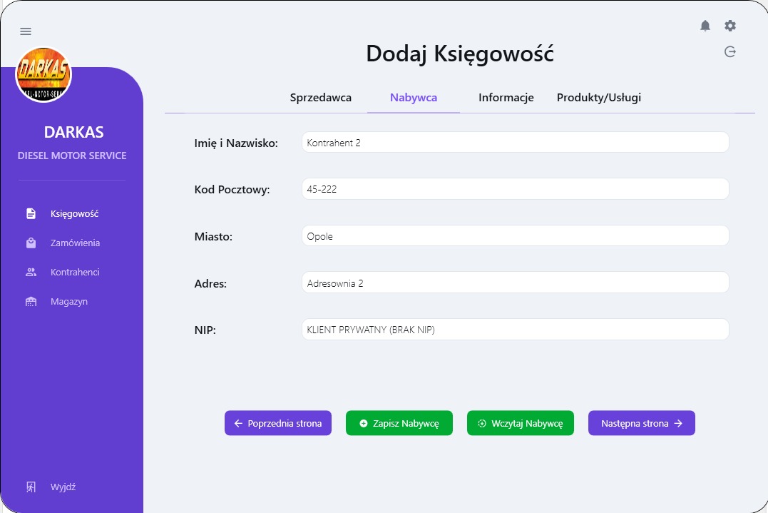 Ekran interfejsu użytkownika oprogramowania do księgowości, widok formularza 'Dodaj Księgowość', zakładka 'Nabywca' z polami do wprowadzenia danych kontrahenta: Imię i Nazwisko, Kod Pocztowy...