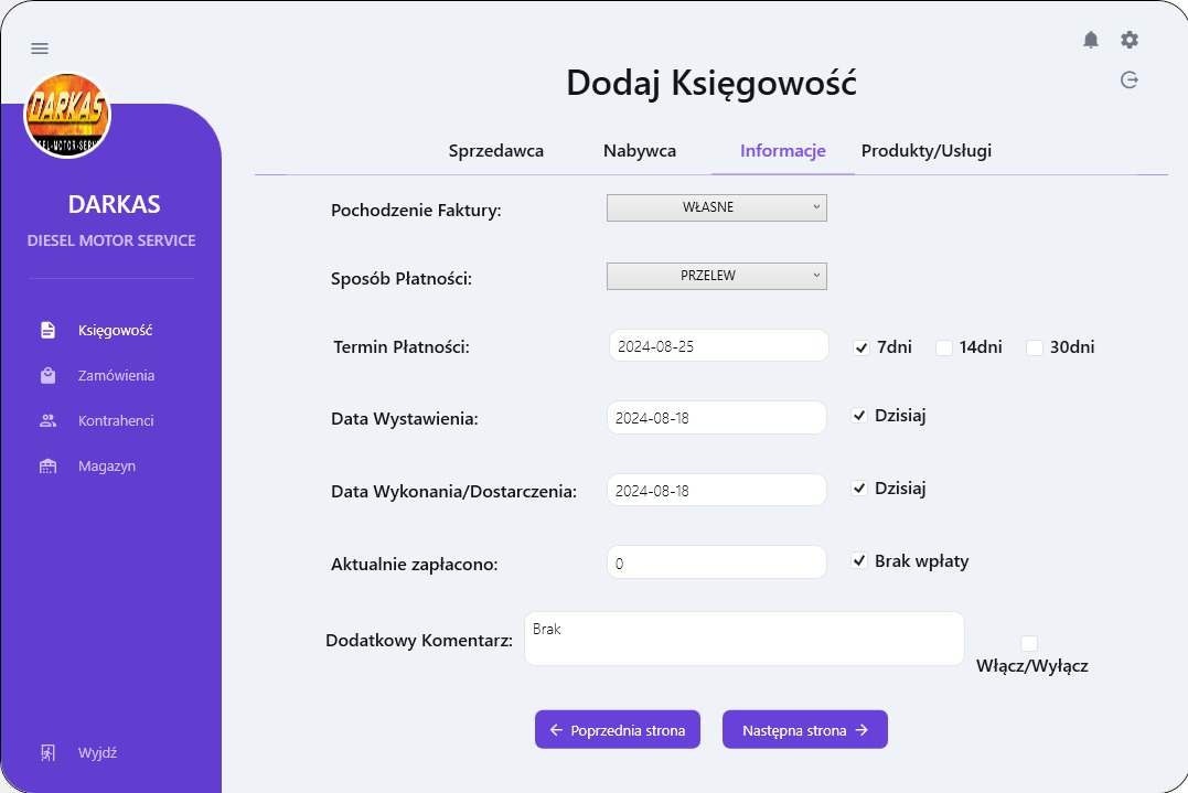 Ekran interfejsu programu do zarządzania księgowością, z widocznym formularzem dodawania nowej pozycji, ustawieniami pochodzenia faktury, sposobu płatności, terminu płatności i dat wystawienia,...