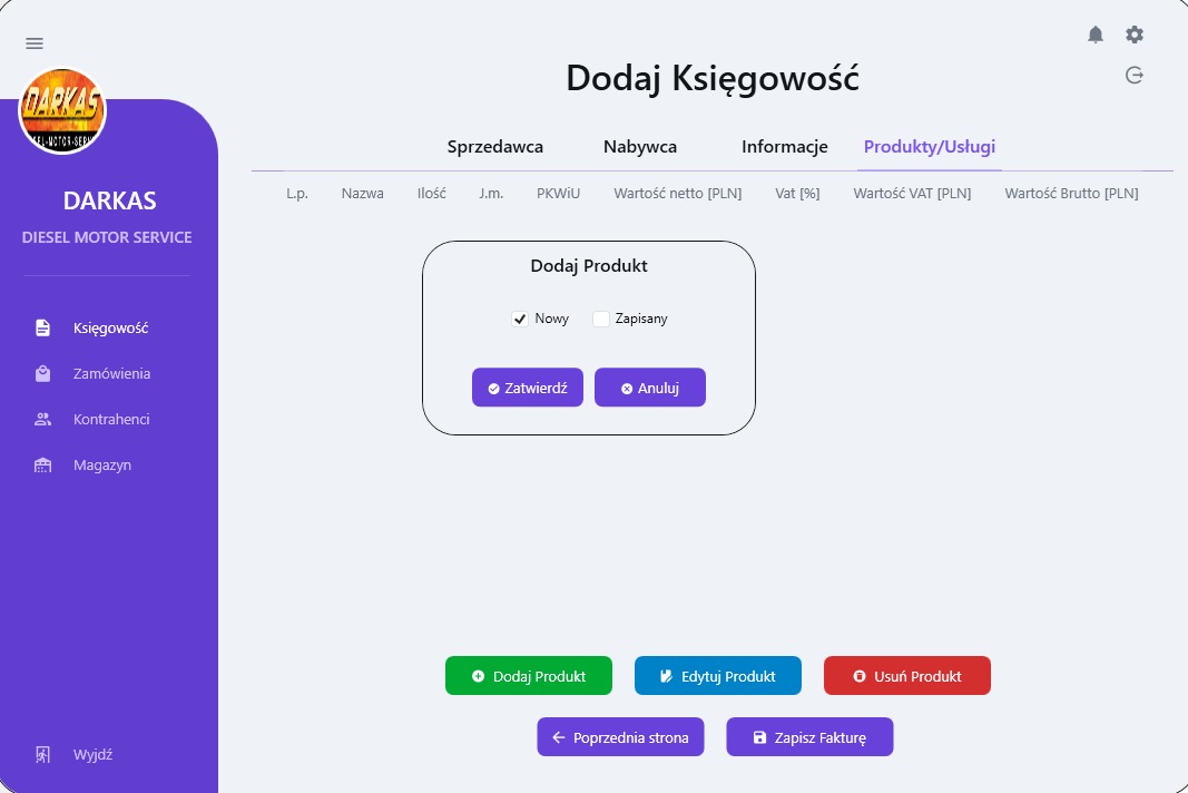 Interfejs programu do księgowości z zakładką 'Produkty/Usługi' i oknem 'Dodaj Produkt', z zaznaczoną opcją 'Nowy' oraz przyciskami 'Zatwierdź' i 'Anuluj'.