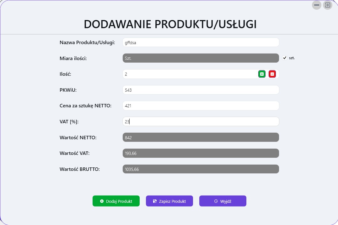 Formularz dodawania produktu lub usługi z polami nazwy, miary ilości, ilości, PKWIU, ceny netto, VAT oraz wartości netto, VAT i brutto. Prezentacja interfejsu systemu IT w Opolu.