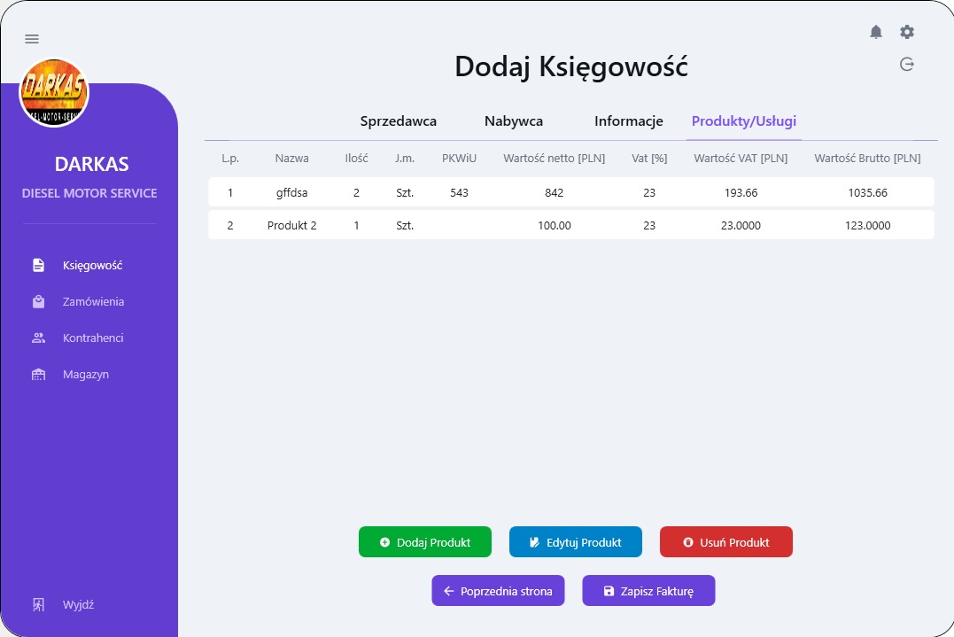 Ekran aplikacji do księgowości z widoczną listą produktów i usług, kolumnami z danymi sprzedawcy, nabywcy, informacjami o wartościach netto, VAT i brutto, a także przyciskami do dodawania, edycji...