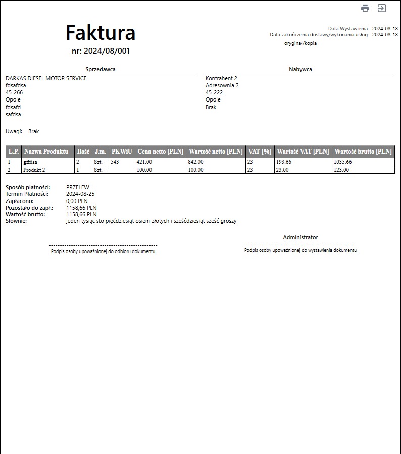 Skan faktury VAT numer 2024/08/001, wystawionej przez DARKAS DIESEL MOTOR SERVICE z Opola, na kwotę 1158,66 PLN, z wyszczególnionymi pozycjami: gffdsa (2 szt.) i Produkt 2 (1 szt.), ze stawką VAT...