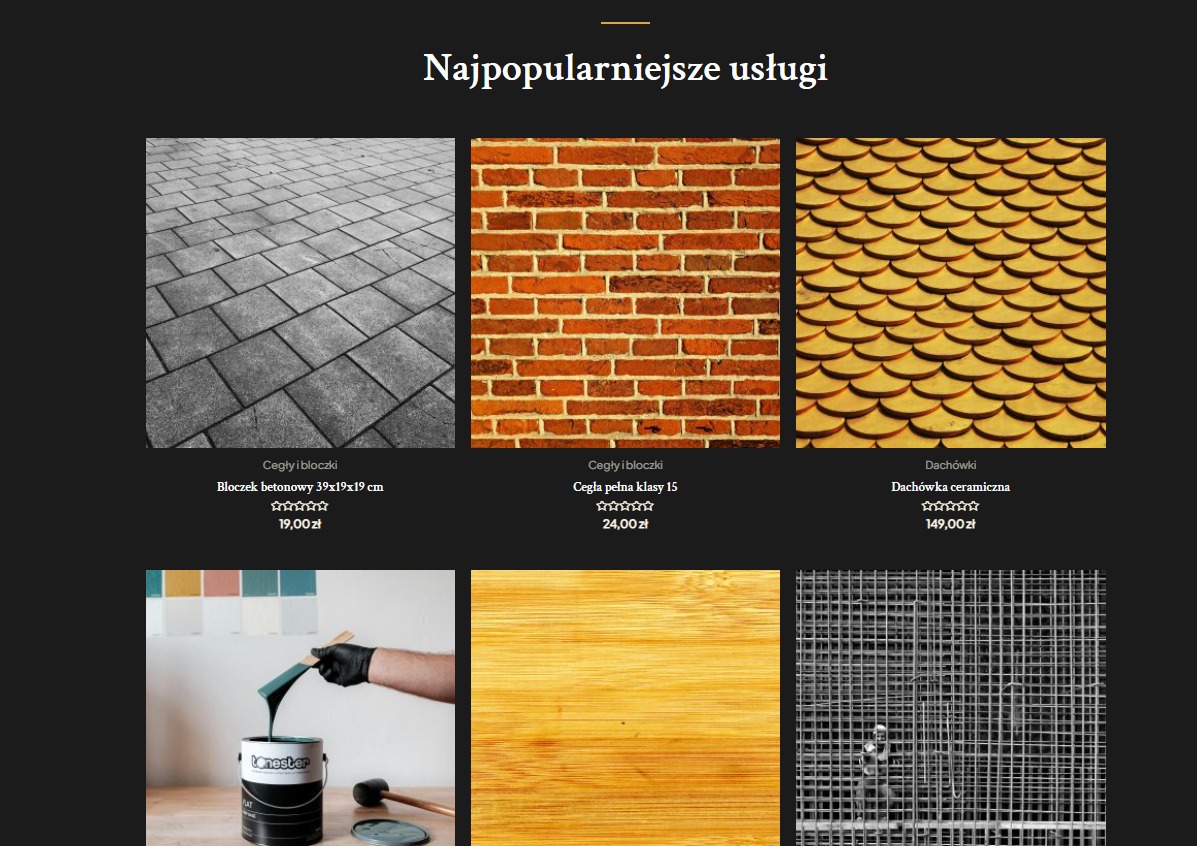 Prezentacja popularnych materiałów budowlanych, w tym bloczków betonowych, cegieł i dachówek, z dodatkowym ujęciem puszki z farbą i narzędziami malarskimi w Opole.