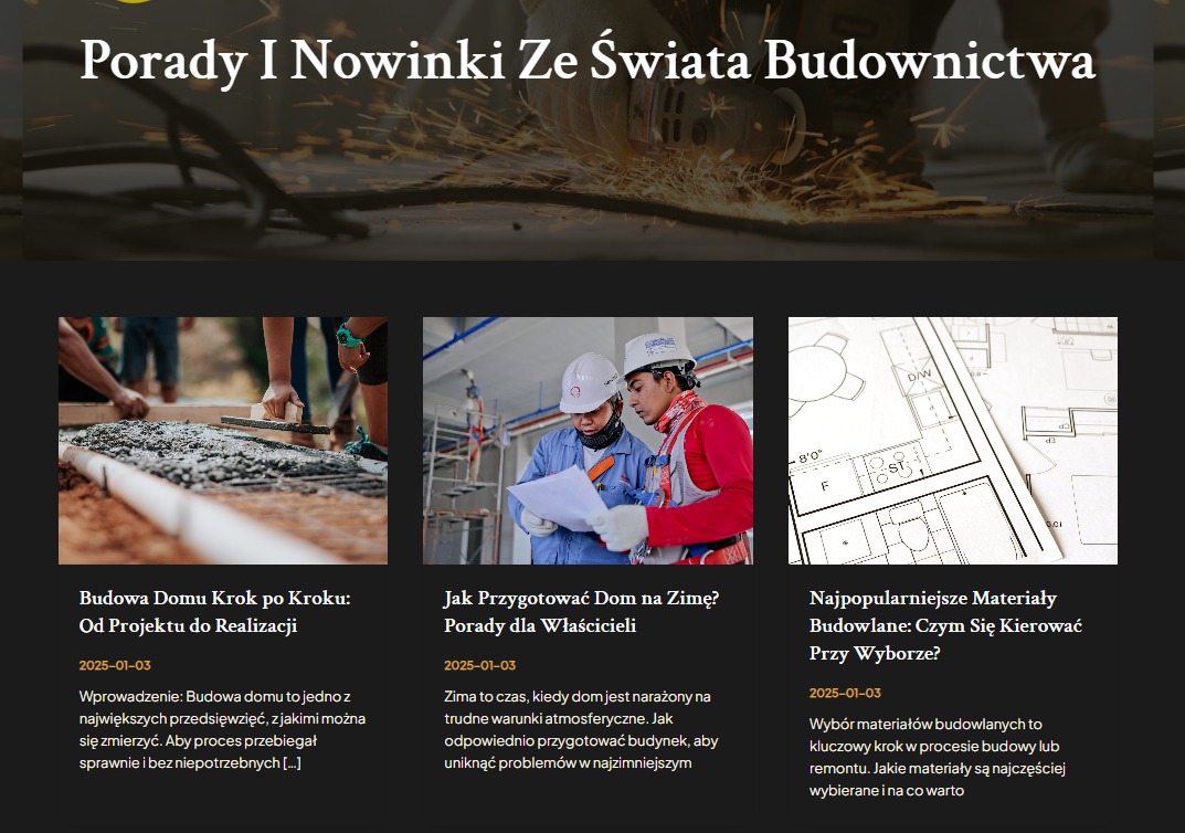 Artykuł na blogu budowlanym: U góry zdjęcie szlifierki kątowej w akcji, iskry lecą. Poniżej trzy miniatury artykułów: wylewka betonowa, dwaj budowlańcy analizujący plan, oraz rzut architektoniczny.