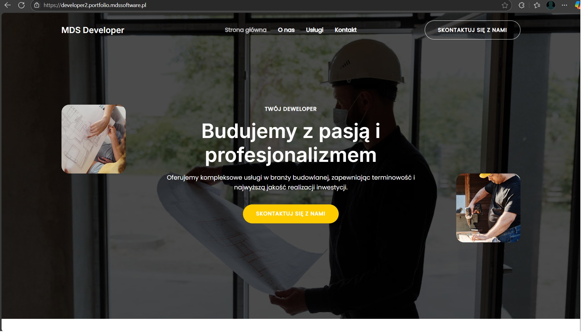 Strona internetowa firmy budowlanej MDS Developer. Mężczyzna w kasku analizuje plan. Napis: Budujemy z pasją i profesjonalizmem. Oferta kompleksowych usług budowlanych.