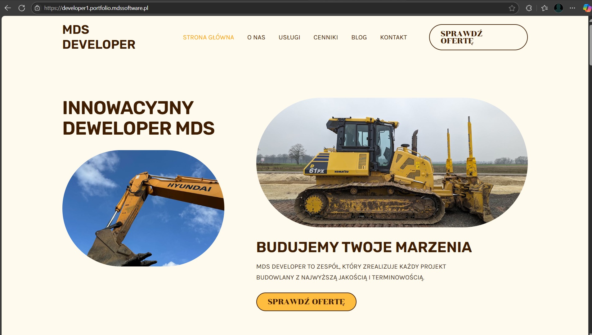 Strona internetowa dewelopera MDS z grafiką: koparka Hyundai i spychacz Komatsu 61PX. Napis: Budujemy Twoje Marzenia. Przycisk: Sprawdź Ofertę.