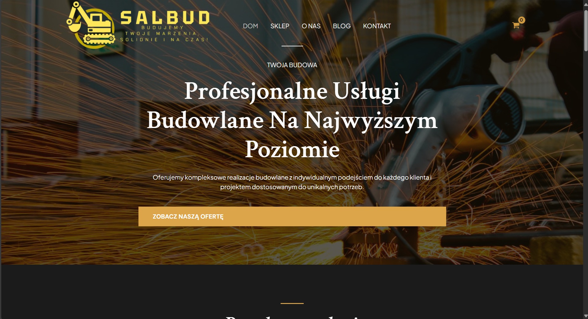 Strona internetowa firmy budowlanej Salbud z hasłem 'Profesjonalne Usługi Budowlane Na Najwyższym Poziomie' na tle iskier i szlifierki kątowej.