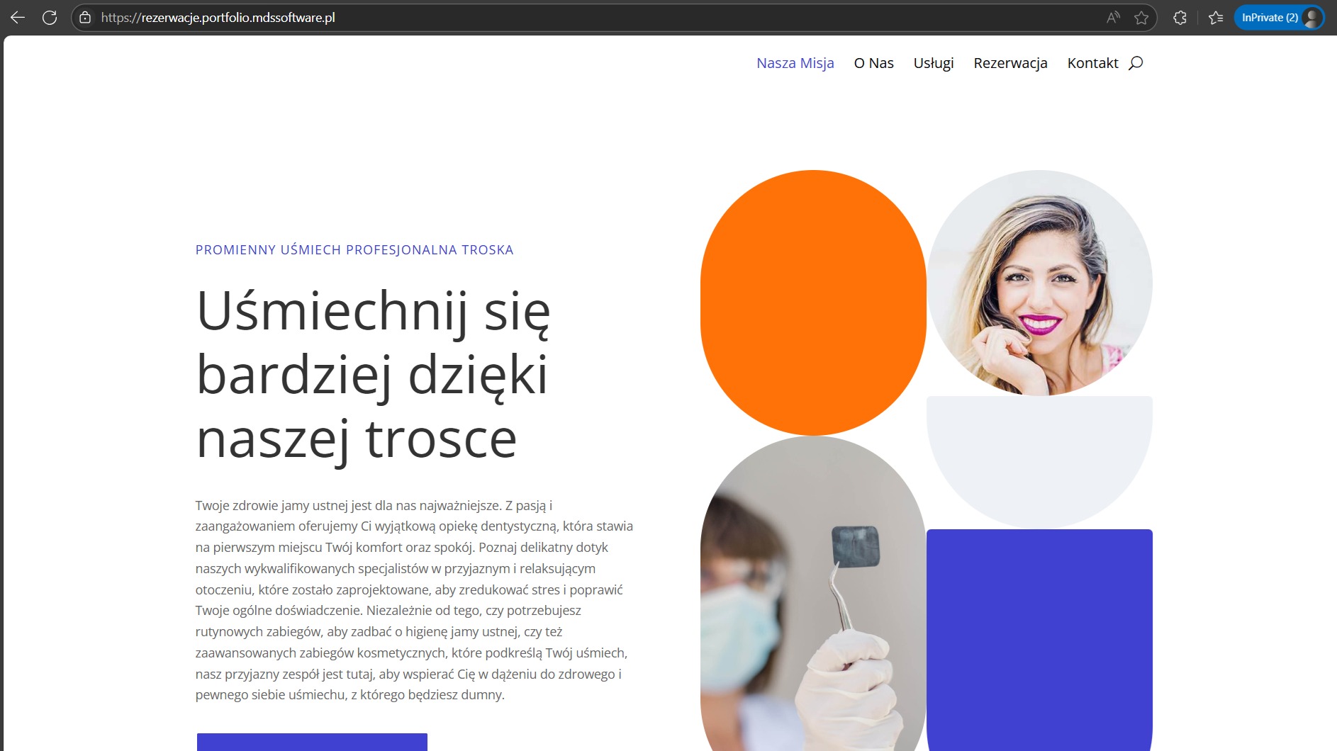 Strona internetowa dentysty z hasłem 'Uśmiechnij się bardziej dzięki naszej trosce', zdjęciem uśmiechniętej kobiety i dłoni trzymającej zdjęcie RTG zęba.