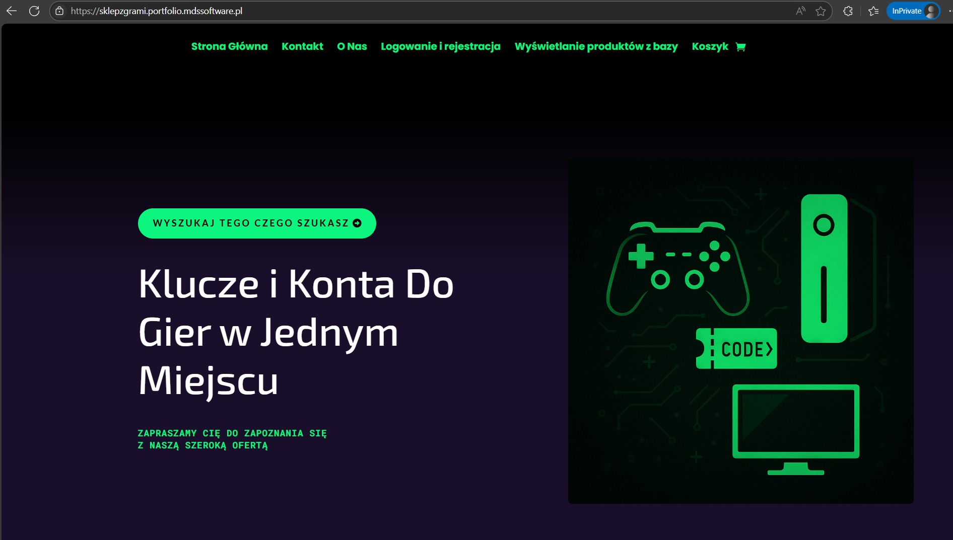 Strona sklepu online z kluczami i kontami do gier, z grafiką kontrolera, komputera i monitora. Oferta: klucze i konta do gier w jednym miejscu. Grafika w zielonej tonacji.