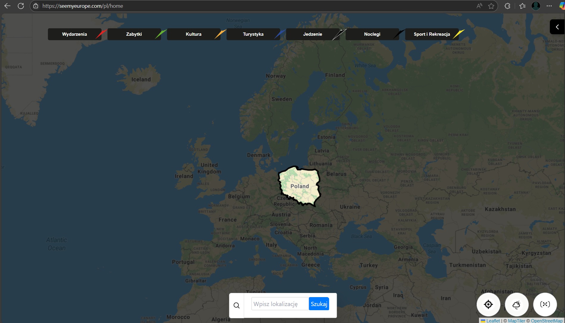 Mapa Europy z zaznaczoną Polską na stronie seemyeurope.com, widoczne menu nawigacyjne z kategoriami: Wydarzenia, Zabytki, Kultura, Turystyka, Jedzenie, Noclegi, Sport i Rekreacja.