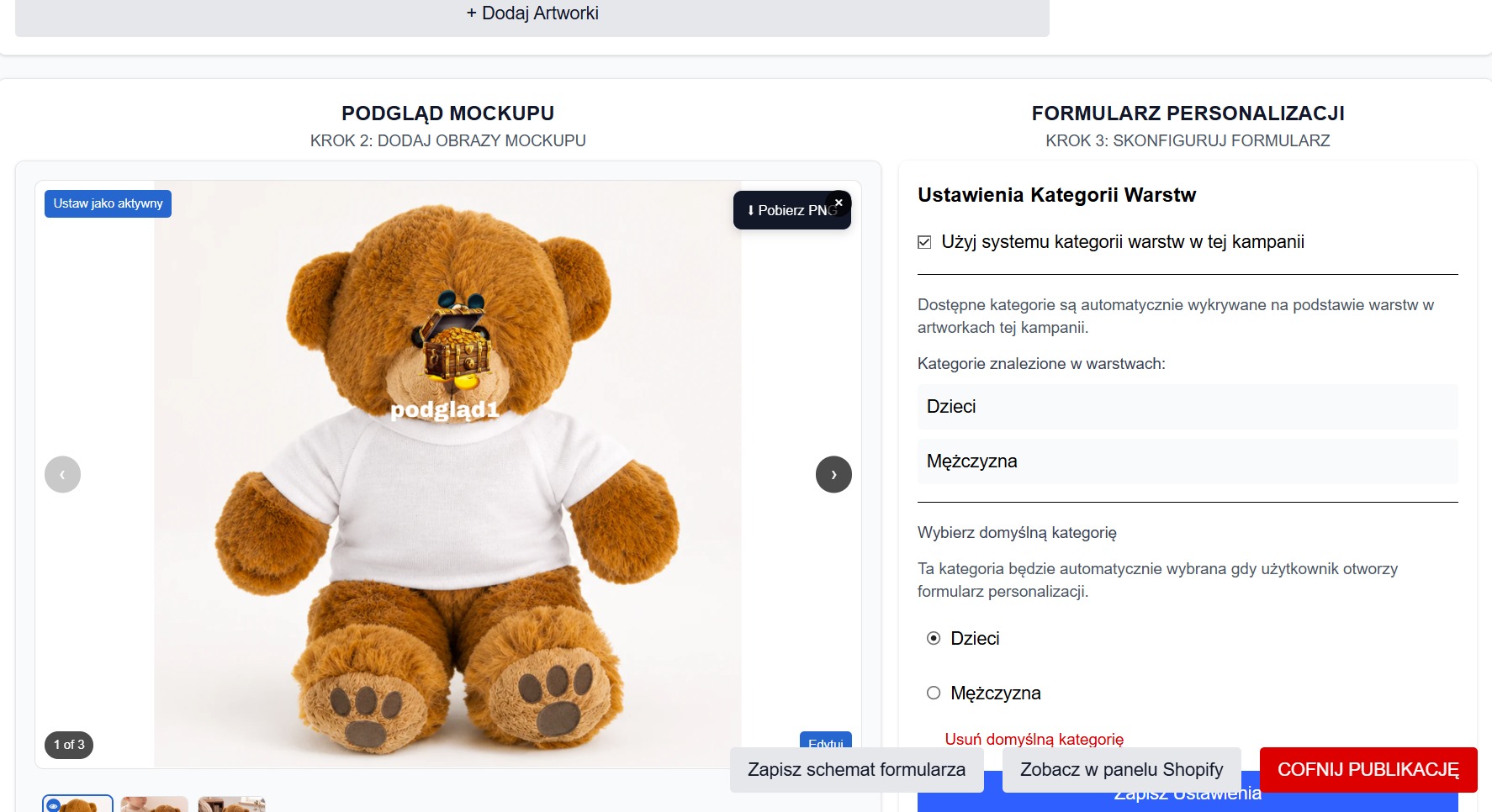 Zrzut ekranu interfejsu do personalizacji produktu, prezentujący pluszowego misia w białej koszulce z grafiką skrzyni skarbów i opcjami kategorii warstw.