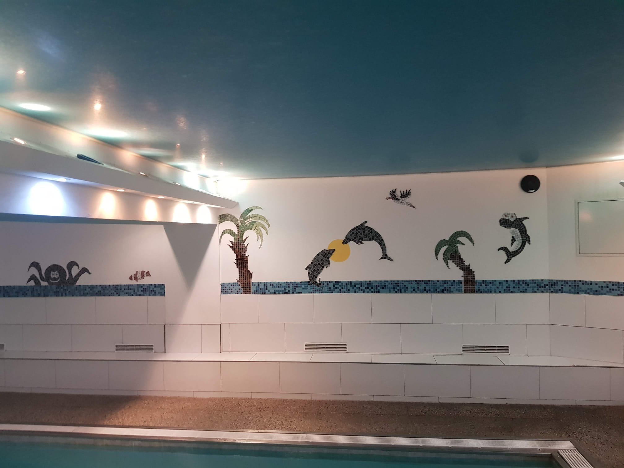 Mozaika z motywami morskimi (delfiny, palmy, ośmiornica, ryby, ptak) zdobiąca ściany i sufit w pomieszczeniu z basenem, oświetlonym punktowymi lampami.