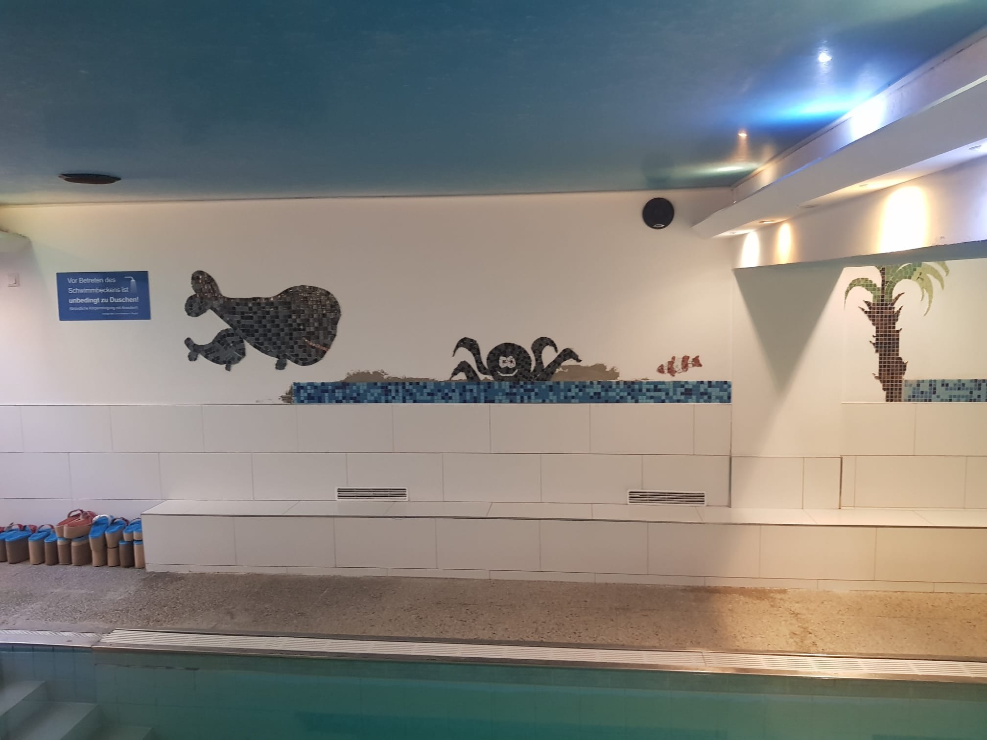 Mozaika z motywami morskimi (ryby, ośmiornica, palma) zdobiąca ścianę basenu, widoczne szafki i klapki.